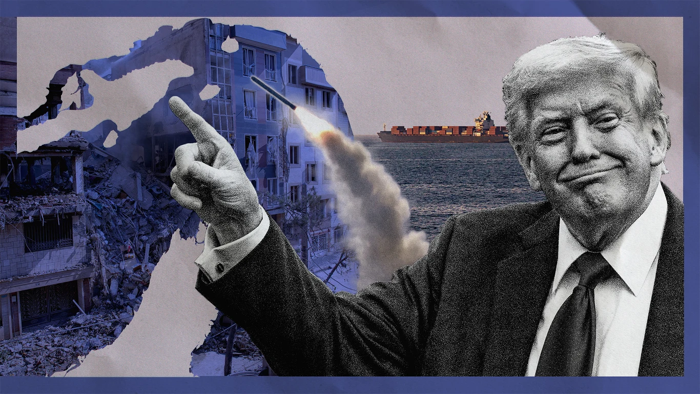 Donald Trump szuka sposobu na wygranie wojny z Iranem Donald Trump w garniturze wskazuje ręką na rakietę lecącą w stronę zniszczonego budynku i kontenerowiec na morzu.