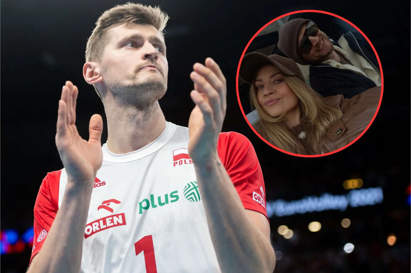 Piotr Nowakowski swoją żonę poznał na nieistniejącej już "Naszej Klasie" Piotr Nowakowski w stroju kadry Polski z numerem 1, klaszcze na boisku; wstawka z parą w okularach.