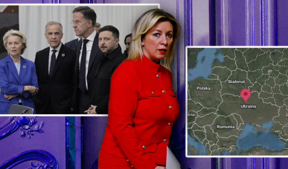 Rosyjskie MSZ ostrzega placówki dyplomatyczne w Kijowie Marija Zacharowa w czerwonym ubraniu, po lewej wstawka ze spotkaniem przywódców, poniżej mapa Ukrainy.