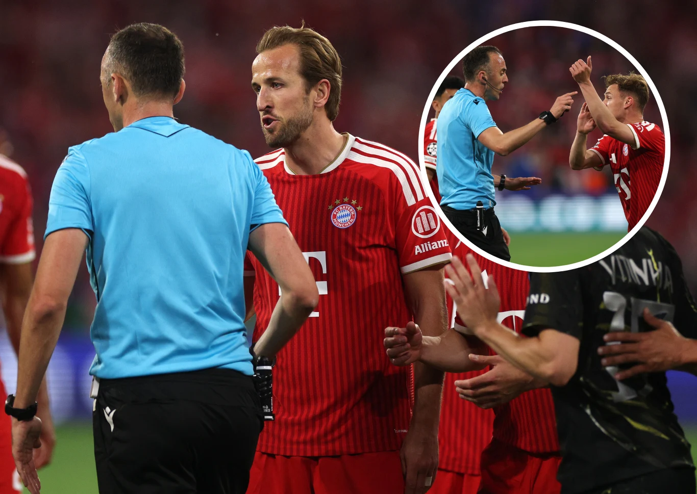 Joao Pinheiro, Harry Kane i Joshua Kimmich Joao Pinheiro rozmawia z piłkarzem Bayernu Monachium podczas meczu, obok widoczni Harry Kane i Joshua Kimmich.