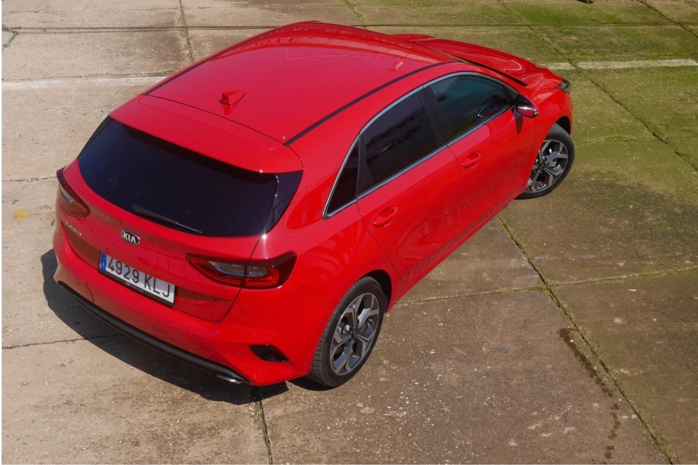 Czerwony hatchback marki Kia z przyciemnianymi szybami, widoczny z góry, zaparkowany na betonowej i częściowo porośniętej mchem nawierzchni.