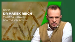 Mężczyzna w okularach i beżowej kamizelce siedzi na tle grafiki zbliżenia kłosów zboża, obok znajduje się napis z imieniem, nazwiskiem i tytułem gościa oraz nazwą jego kanału o tematyce roślinnej.