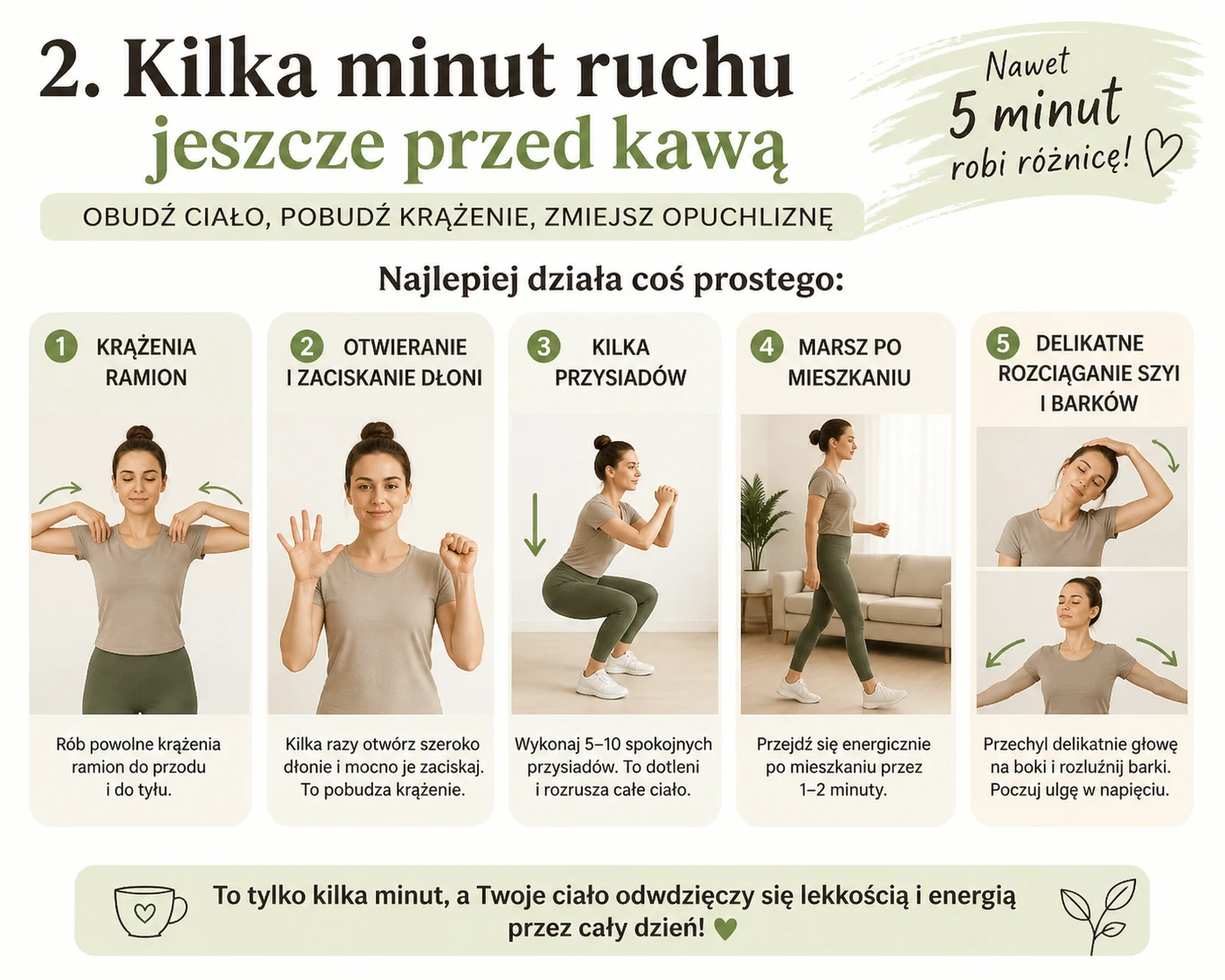 Pięć prostych ćwiczeń wykonywanych w domu, takich jak krążenia ramion, otwieranie i zaciskanie dłoni, przysiady, marsz po mieszkaniu oraz rozciąganie szyi i barków, pokazanych przez kobietę w sportowym stroju na jasnym tle, opatrzonych krótkimi instruk...