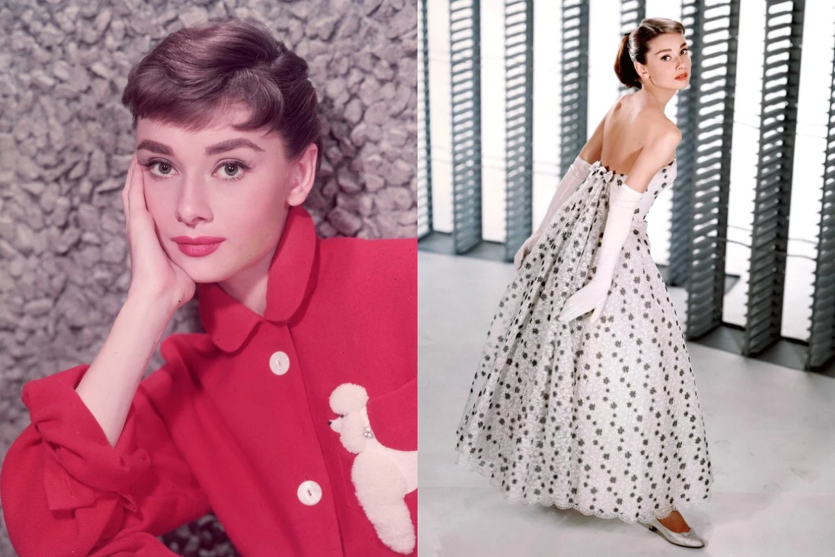 Audrey Hepburn miała słabość do intrygujących i zmysłowych zapachów Młoda kobieta z krótkimi, starannie ułożonymi włosami po lewej stronie pozuje w czerwonym płaszczu ozdobionym aplikacją psa, opierając twarz na dłoni; po prawej tej samej osoby ubrana w długą, elegancką, białą suknię w czarne grochy i długie białe ręka...