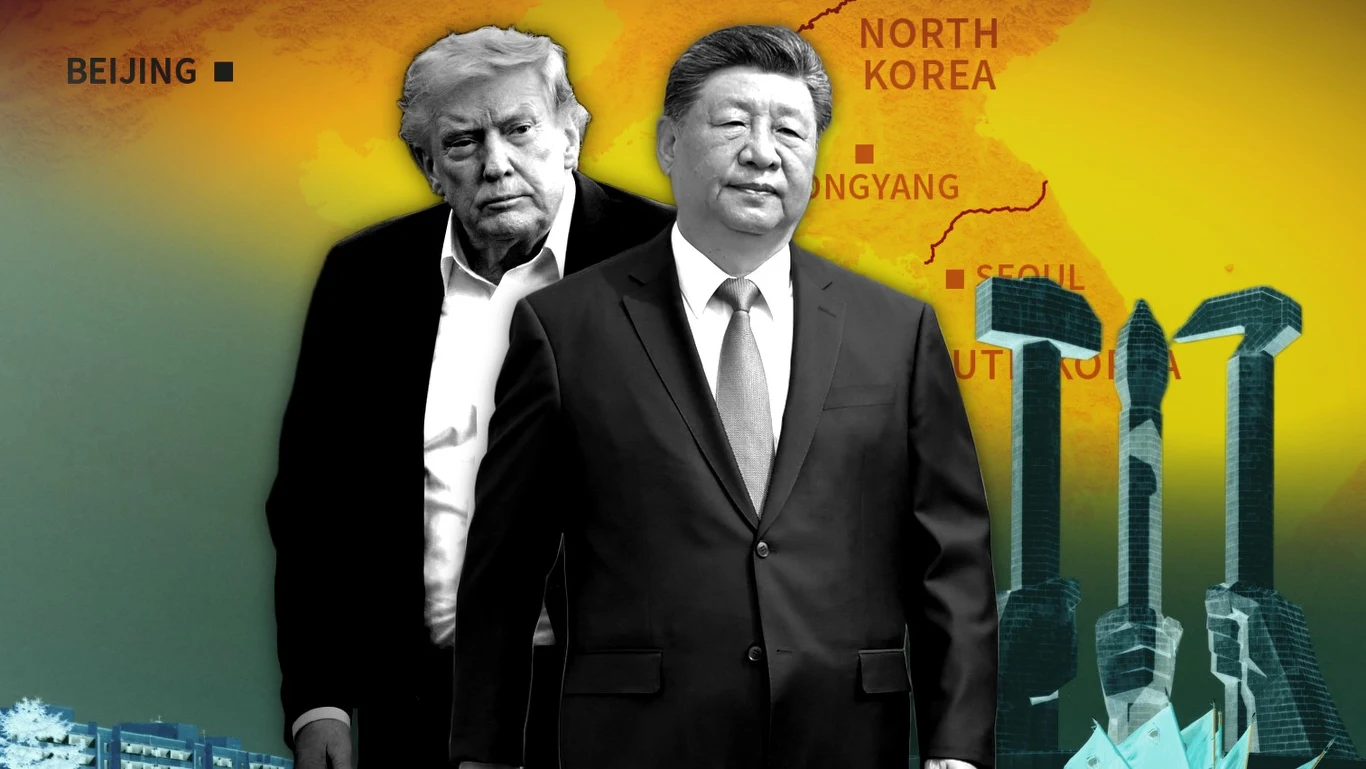 Chiny przed wizytą Donalda Trumpa postarały się wzmocnić relacje z Koreą Północną Grafika przedstawiająca Donalda Trumpa i Xi Jinpinga na tle mapy Półwyspu Koreańskiego i pomnika w Pjongjangu