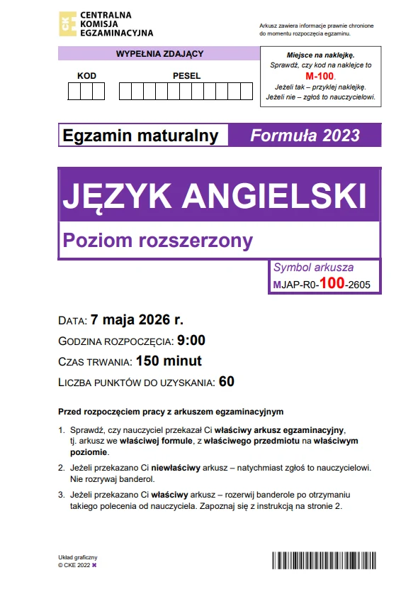 Matura 2026. Język angielski, poziom rozszerzony. Arkusz CKE - strona 1