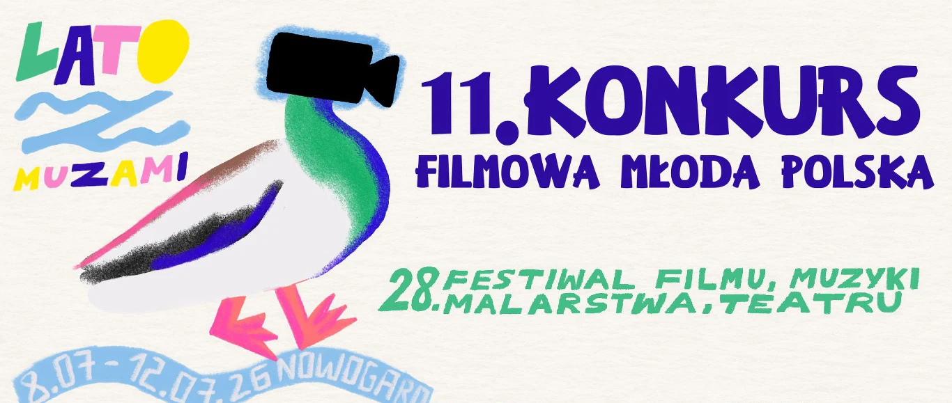 28. "Lato z Muzami" rozpoczyna się 8 lipca 2026 roku Kolorowy rysunek ptaka z kamerą jako głową, napisy o festiwalu "Lato z Muzami" 8–12.07.2026, Nowogard.