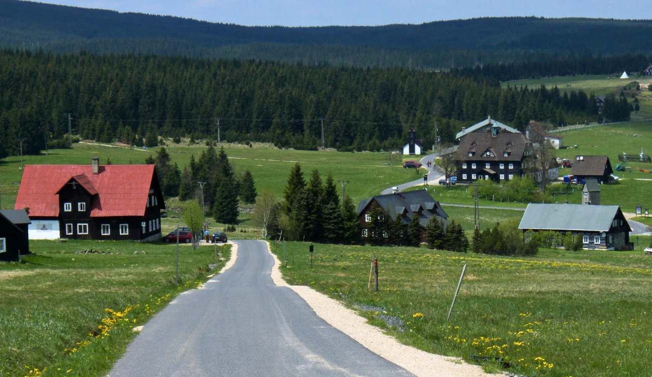 Asfaltowa droga prowadzi przez zielone łąki wśród drewnianych domów z czerwonymi i ciemnymi dachami, otoczonych drzewami i lasem w tle.