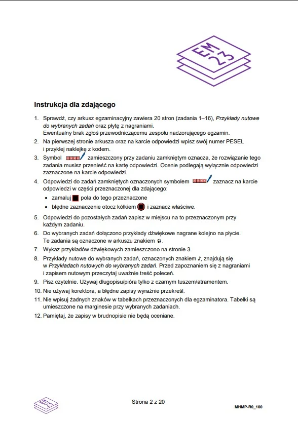 Strona informacyjna zawierająca logo, tytuł „Instrukcja dla zdającego” oraz listę szczegółowych zasad dotyczących przebiegu egzaminu i wypełniania arkusza egzaminacyjnego.