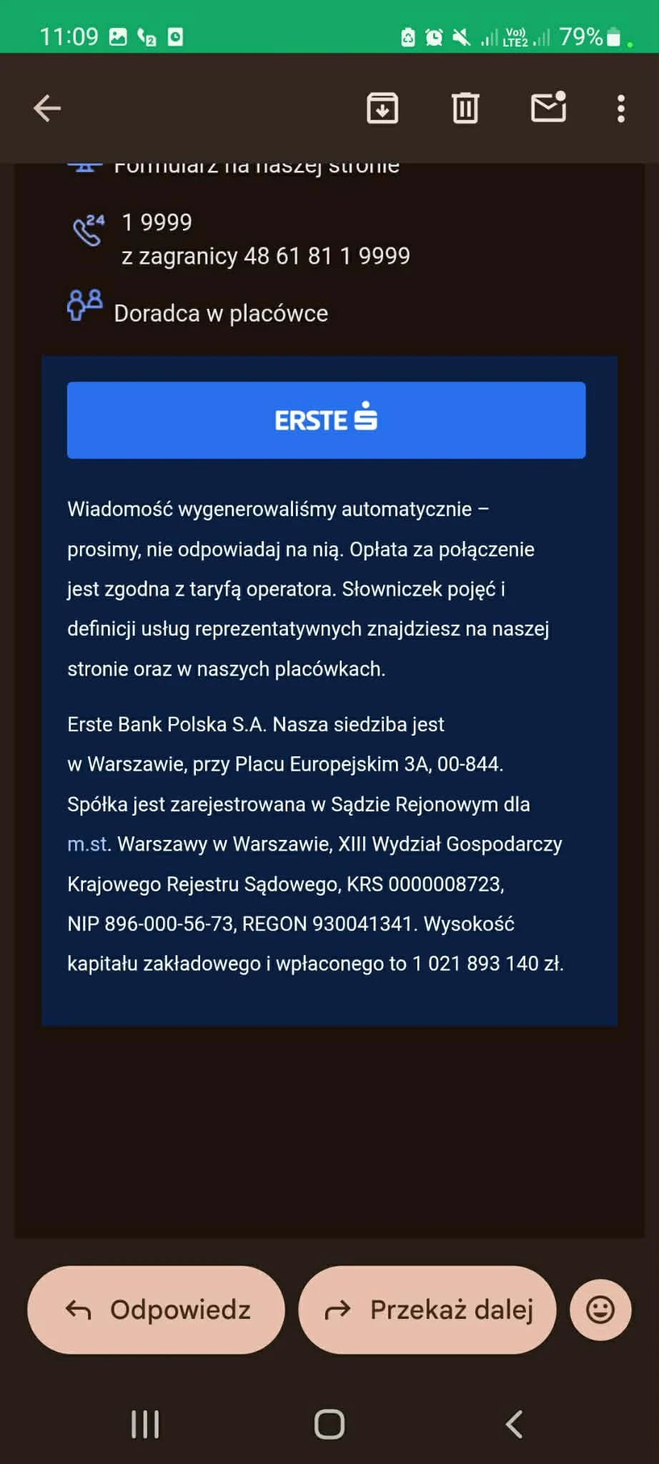 Niebieskie pole informacyjne z logo oraz nazwą ERSTE zawiera szczegóły kontaktowe i rejestrowe banku, w tym adres, numer KRS, NIP, REGON oraz wysokość kapitału zakładowego.