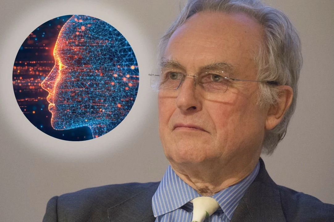 Richard Dawkins w okularach patrzy w bok, obok niego cyfrowa twarz z sieci punktów świetlnych.