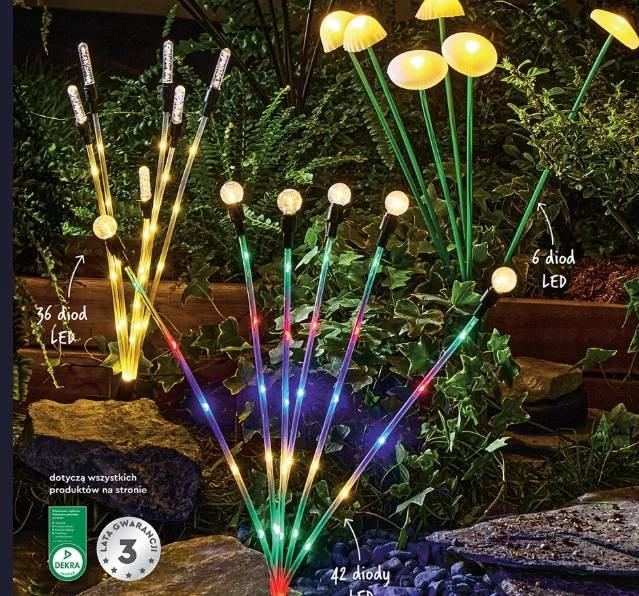 Ozdobne lampki LED w kształcie roślin ogrodowych, w różnych wariantach i kolorach, rozmieszczone wśród kamieni i zieleni, tworzące efektowną iluminację świetlną.