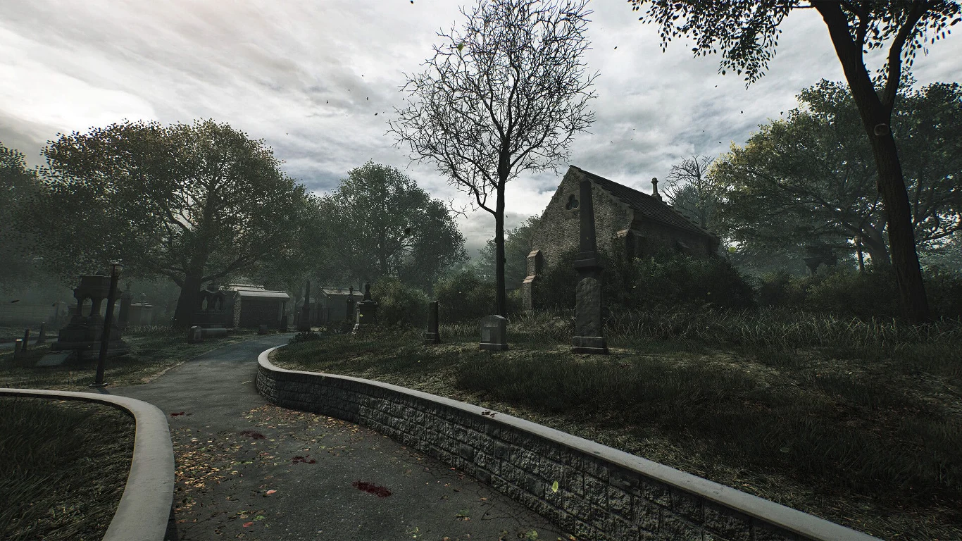 Stara kamienna kaplica otoczona nagrobkami i gęsto rosnącymi drzewami, ponura atmosfera potęgowana przez zachmurzone niebo i cienie wokół budynku.