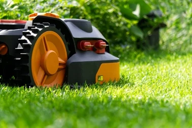 Automatyczny robot koszący na zielonym trawniku w ogrodzie