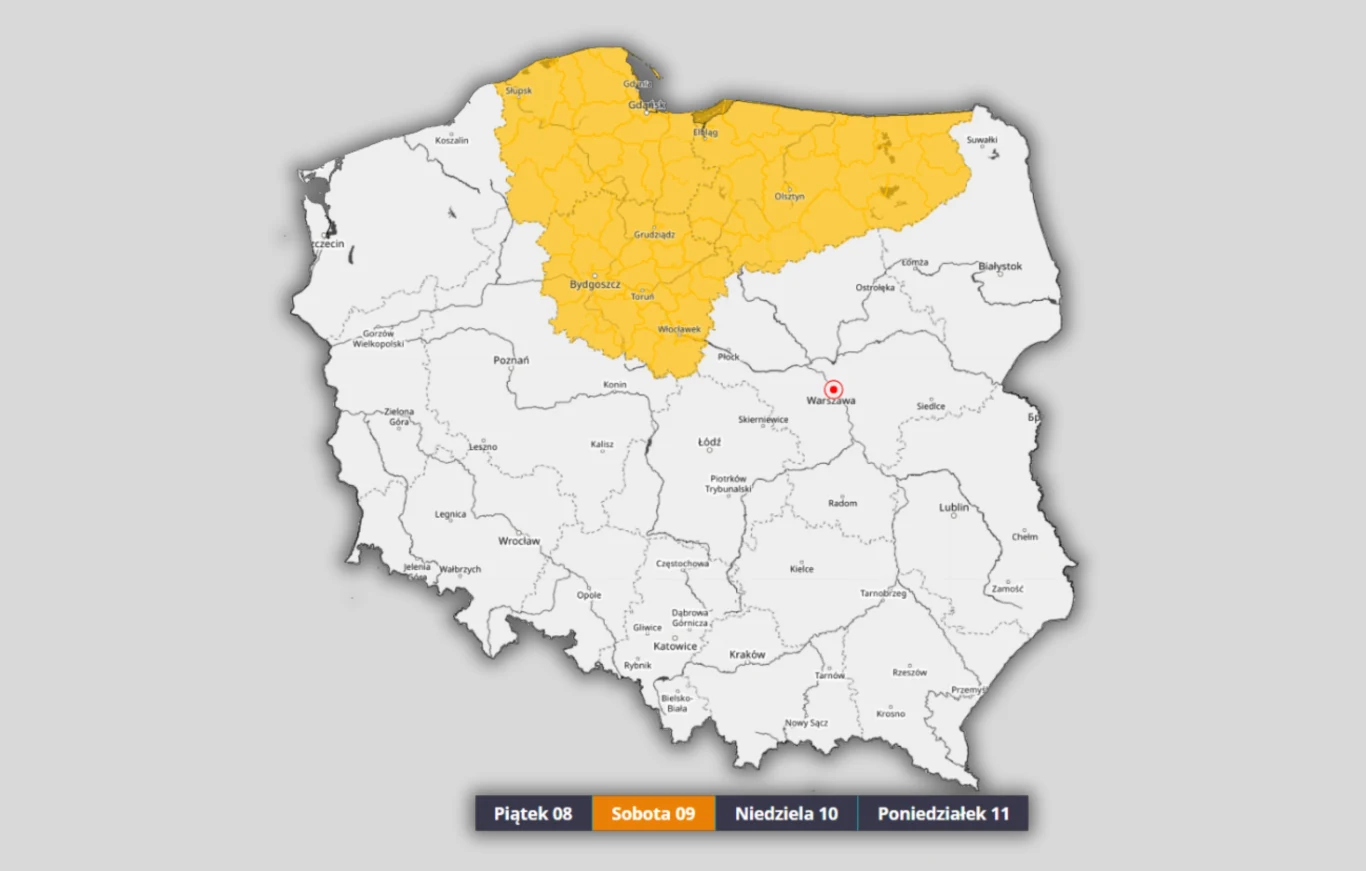Mapa Polski z północną częścią kraju oznaczoną na żółto, wskazującą wyróżniony obszar, oraz zaznaczoną datą 'Sobota 09' w legendzie poniżej mapy.