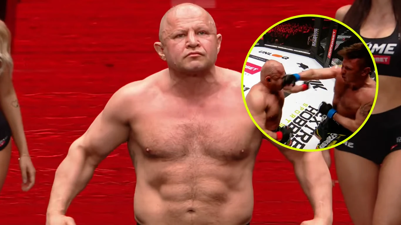 Umięśniony mężczyzna stojący w ringu MMA, z poważnym wyrazem twarzy, w tle dwie postacie oraz okrągłe wstawione zdjęcie przedstawiające moment wymiany ciosów między dwoma zawodnikami podczas walki.