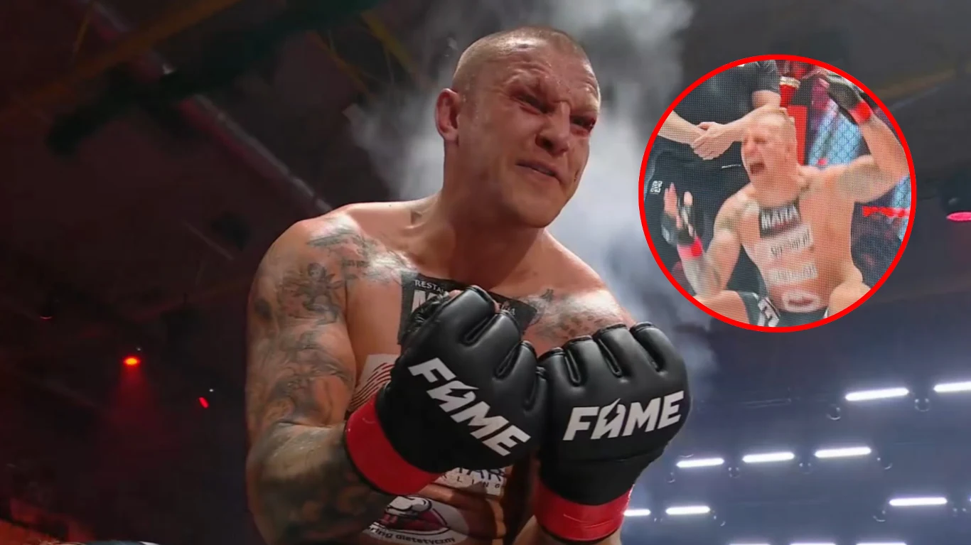 Alan Kwieciński Zawodnik z tatuażami na ramionach i klatce piersiowej w rękawicach FAME zakrywa twarz pięściami, z wyrazem determinacji; w okręgu obok ta sama osoba podczas walki na ringu z uniesionymi rękami.