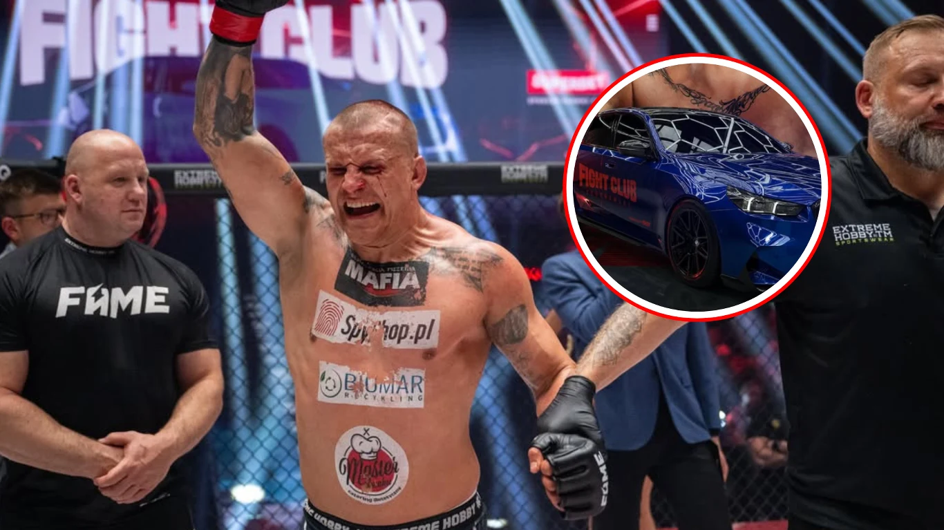 Alan Kwieciński, BMW M5 (w kółku) Alan Kwieciński z wytatuowanym torsem i uniesioną ręką, obok samochód BMW M5 z logo Fight Club.