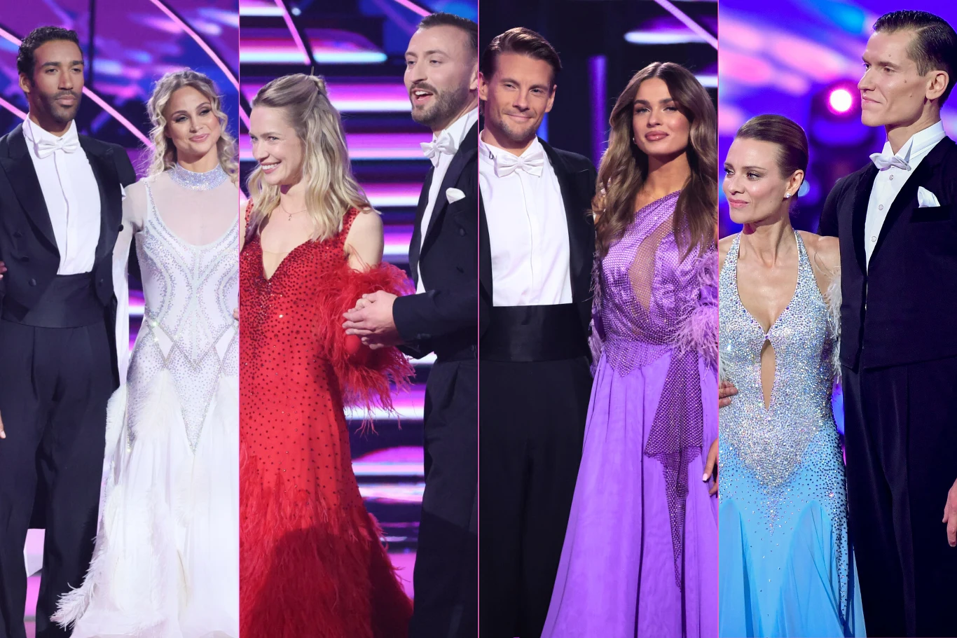 Finał Tańca z gwiazdami Cztery pary finalistów 18. edycji Tańca z gwiazdami w strojach wieczorowych na scenie podczas finałowego odcinka.