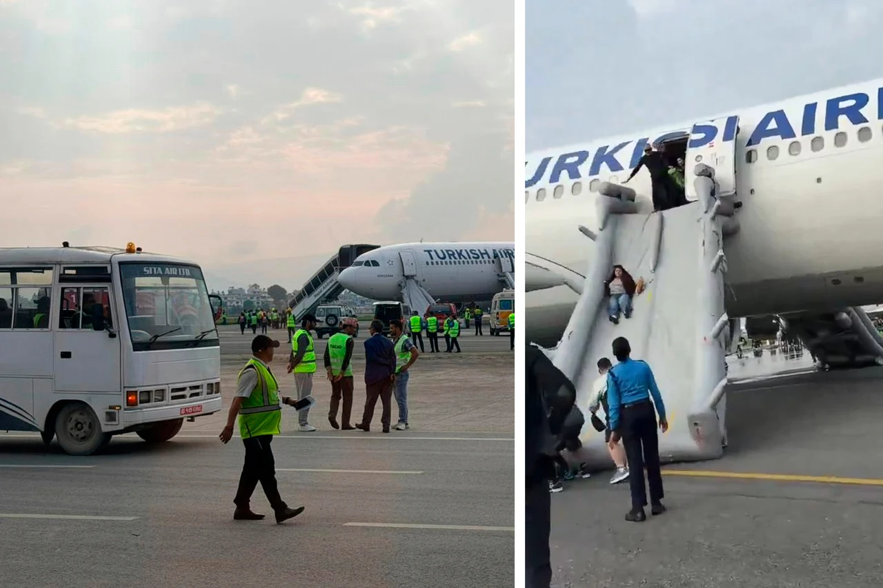 Ewakuacja pasażerów samolotu Turkish Airlines na lotnisku w Katmandu Ewakuacja pasażerów Turkish Airlines na lotnisku w Katmandu z użyciem trapów awaryjnych i wsparciem służb.