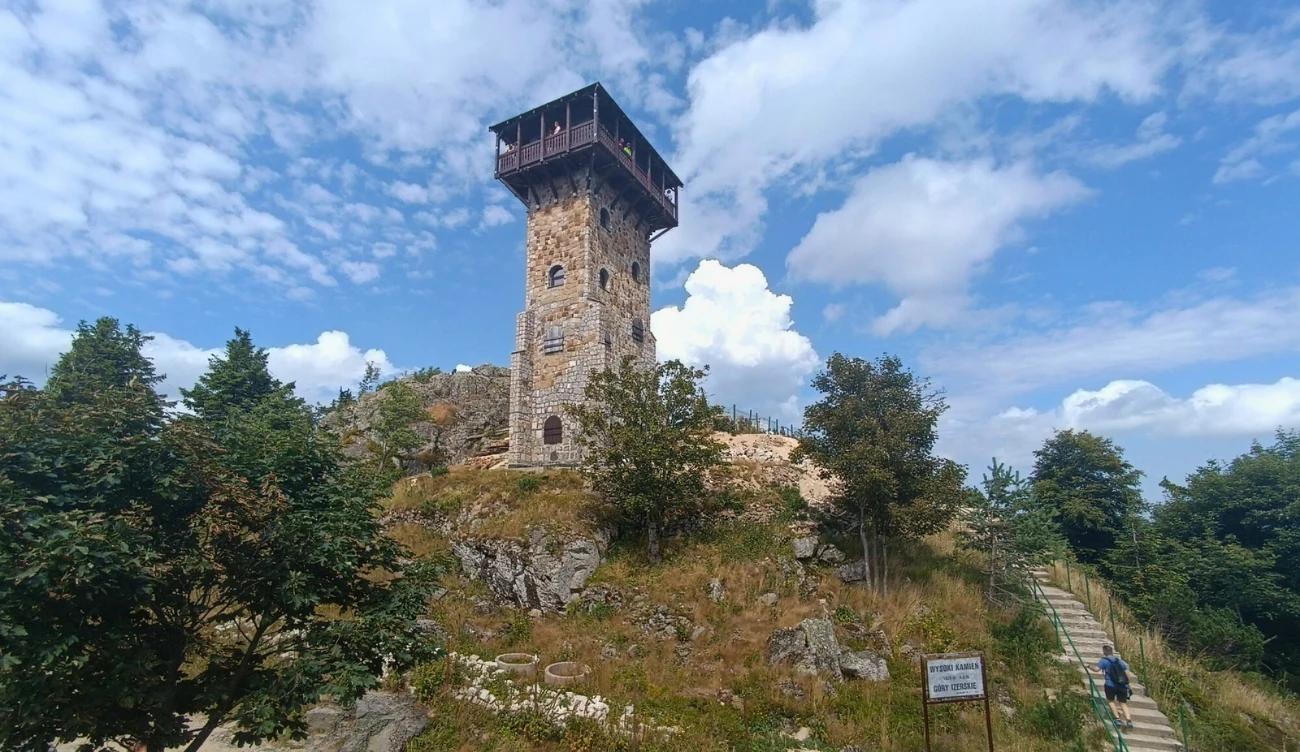 Kamienna wieża widokowa osadzona na skalistym wzniesieniu, otoczona rzadkimi drzewami i ścieżką prowadzącą w jej kierunku.