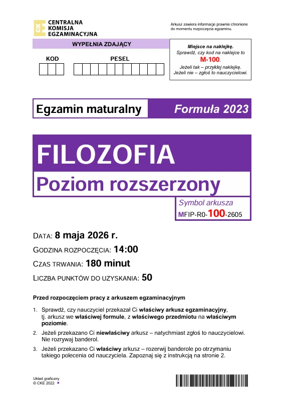 Arkusz egzaminacyjny maturalny z filozofii na poziomie rozszerzonym z datą 8 maja 2026, wyraźnie oznaczony dużym fioletowym napisem „FILOZOFIA Poziom rozszerzony”, szczegóły techniczne dotyczące egzaminu oraz pola do wpisania danych zdającego.
