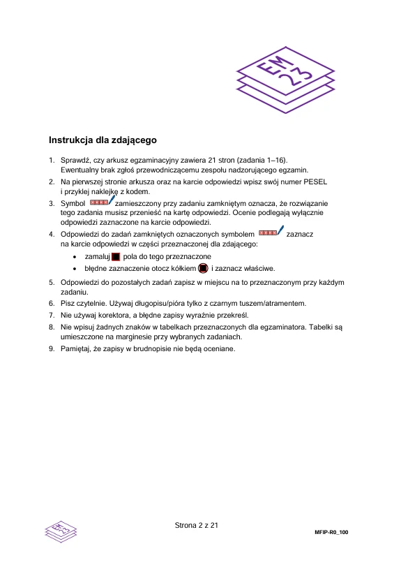 Fragment arkusza egzaminacyjnego z instrukcją dla zdającego, zawierającą listę zasad dotyczących sprawdzania liczby stron, wpisywania numeru PESEL, sposobu udzielania odpowiedzi oraz zakazu używania korektora i notowania na brudno w arkuszu egzaminacyj...