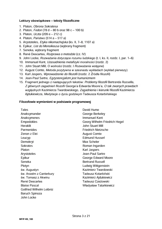 Lista obowiązkowych lektur filozoficznych wraz z autorami, uzupełniona wykazem filozofów wymienionych w podstawie programowej oraz tematami i zagadnieniami do rozważenia według programu nauczania.