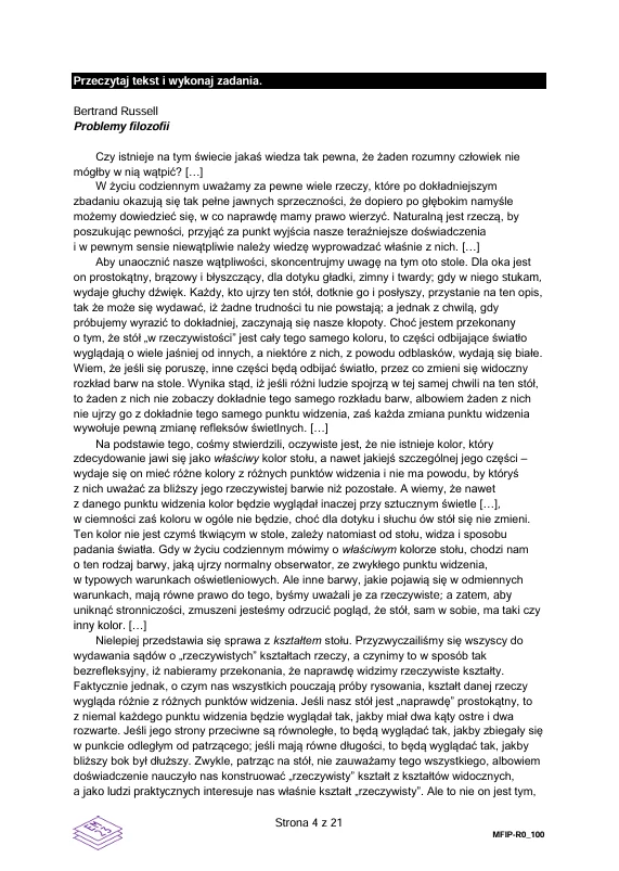 Fragment tekstu Bernarda Russella 'Problemy filozofii' z poleceniem do przeczytania i wykonania zadań, zawierający rozważania na temat wiedzy ludzkiej oraz trudności związanych z poznaniem prawdy, wydrukowany na stronie podręcznika.