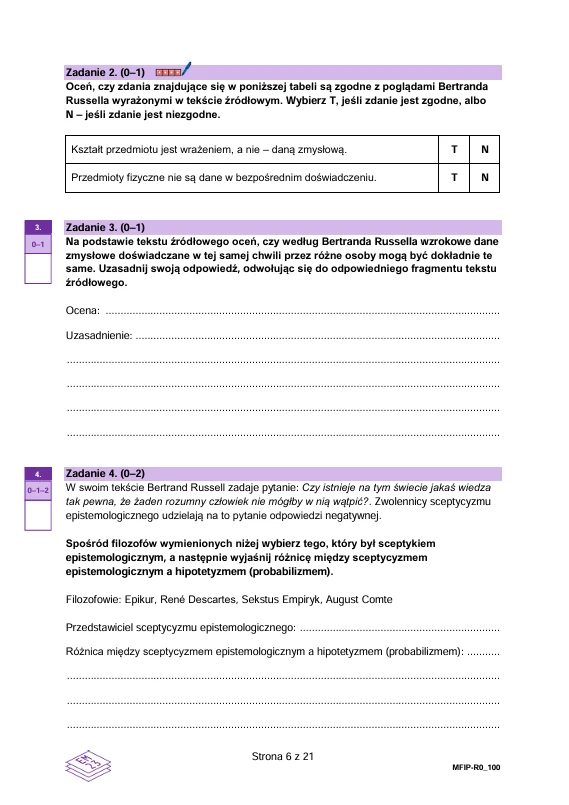 Fragment arkusza egzaminacyjnego z filozofii, zawierający zadania otwarte do tekstu źródłowego Bertranda Russella wraz z miejscem na wpisanie odpowiedzi oraz tabelą do zaznaczania zgodności zdań z poglądami filozofa.