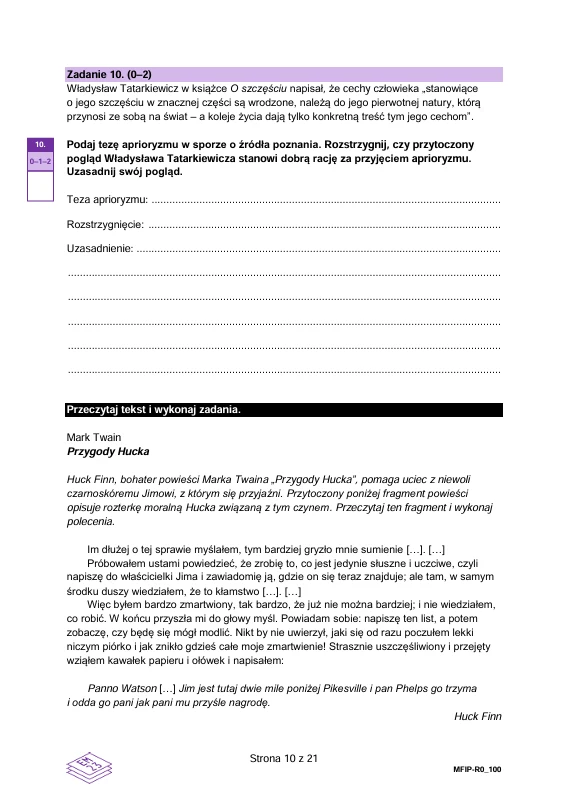 Strona testu zawiera polecenie z zakresu filozofii dotyczące argumentacji i poglądów Władysława Tatarkiewicza, rubrykę do wpisania własnej odpowiedzi oraz fragment lektury Przygody Hucka Marka Twaina wraz z zadaniem do tekstu.