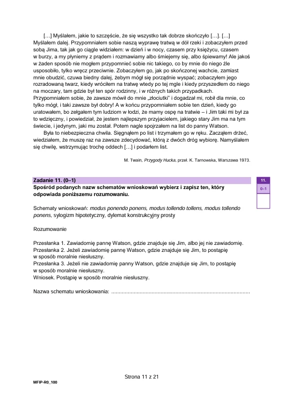 Fragment tekstu literackiego wraz z poleceniem dotyczącym identyfikacji schematu wnioskowania oraz miejscem na odpowiedź i notatki ucznia.