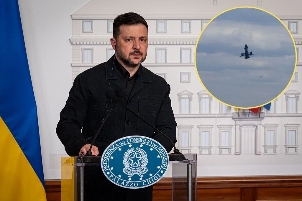 Ukraina może zawrzeć umowy dronowe z nawet 20 państwami z całego świata Prezydent Ukrainy przy mównicy, obok fragment zdjęcia ukraińskiego drona na tle nieba