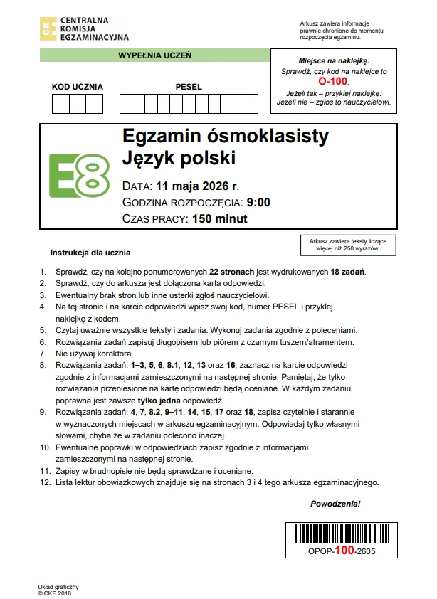 Egzamin ósmoklasisty 2026, język polski. Arkusz CKE i odpowiedzi - strona 1