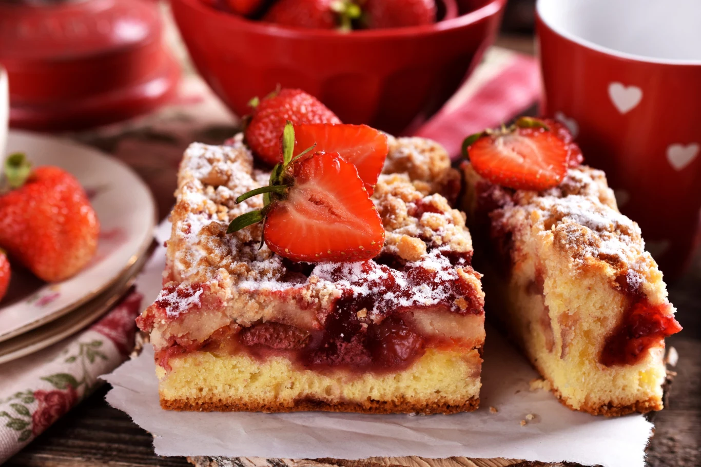 homemade strawberry cake and a cup of coffee on the table in rustic style Placek jogurtowy z truskawkami i kruszonką, filiżanka kawy oraz miska z truskawkami na drewnianym stole.