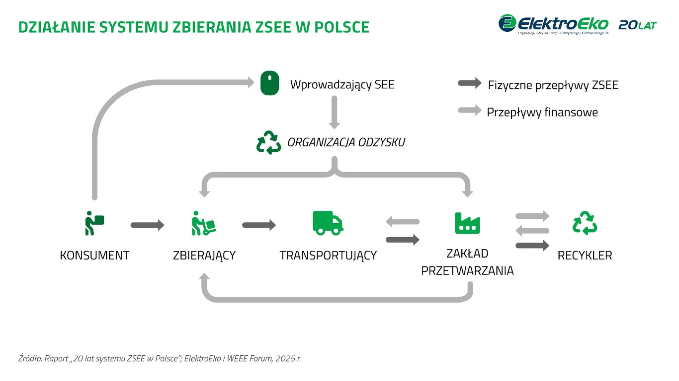 Schemat obiegu zużytego sprzętu elektrycznego i elektronicznego od konsumenta przez zbierających i transportujących, dalej do zakładu przetwarzania, a następnie do recyklera, z wyróżnieniem fizycznych przepływów sprzętu oraz przepływów finansowych pomi...