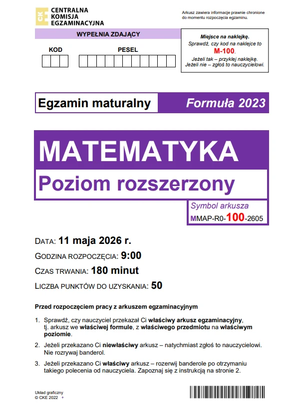 Arkusz egzaminacyjny maturalny z matematyki na poziomie rozszerzonym z 2026 roku z wyraźnie zaznaczonym terminem, minutnikiem, liczbą punktów do uzyskania oraz instrukcjami dla zdającego.