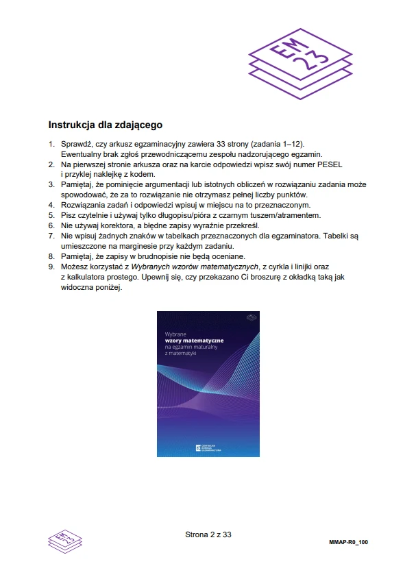 Strona instrukcji egzaminacyjnej z wyróżnionym logotypem u góry, szczegółową listą zasad dla zdającego oraz ilustracją okładki arkusza egzaminacyjnego na dole strony.