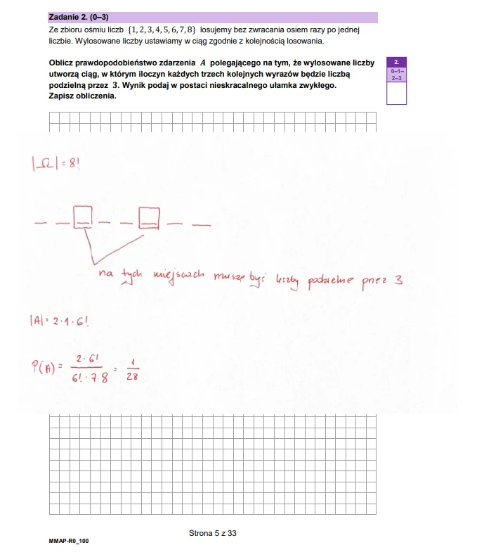 Fragment arkusza egzaminacyjnego z zadaniem matematycznym, ręcznie zapisanymi obliczeniami oraz notatkami wskazującymi kolejne kroki rozwiązania zadania z rachunku prawdopodobieństwa.