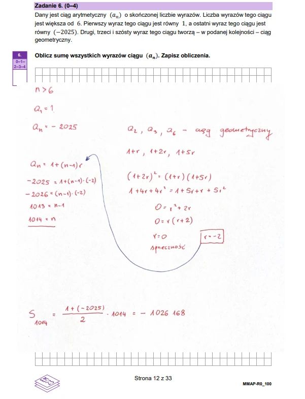 Ręcznie zapisane rozwiązanie zadania matematycznego dotyczącego ciągu arytmetycznego, z widocznymi wzorami, obliczeniami oraz odpowiedzią końcową podkreśloną na dole strony.