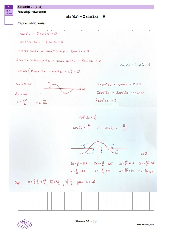 Rozwiązanie zadania matematycznego z równaniem trygonometrycznym, szczegółowe obliczenia wykonane odręcznie czerwonym długopisem, wykres funkcji sinus oraz dodatkowe graficzne przedstawienia rozwiązań na osi liczbowej.