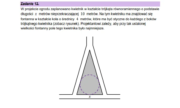 Schemat kwietnika w kształcie trójkąta równoramiennego z wpisanym kołem symbolizującym fontannę, której obwód styka się z dwoma bokami trójkąta oraz jego podstawą.