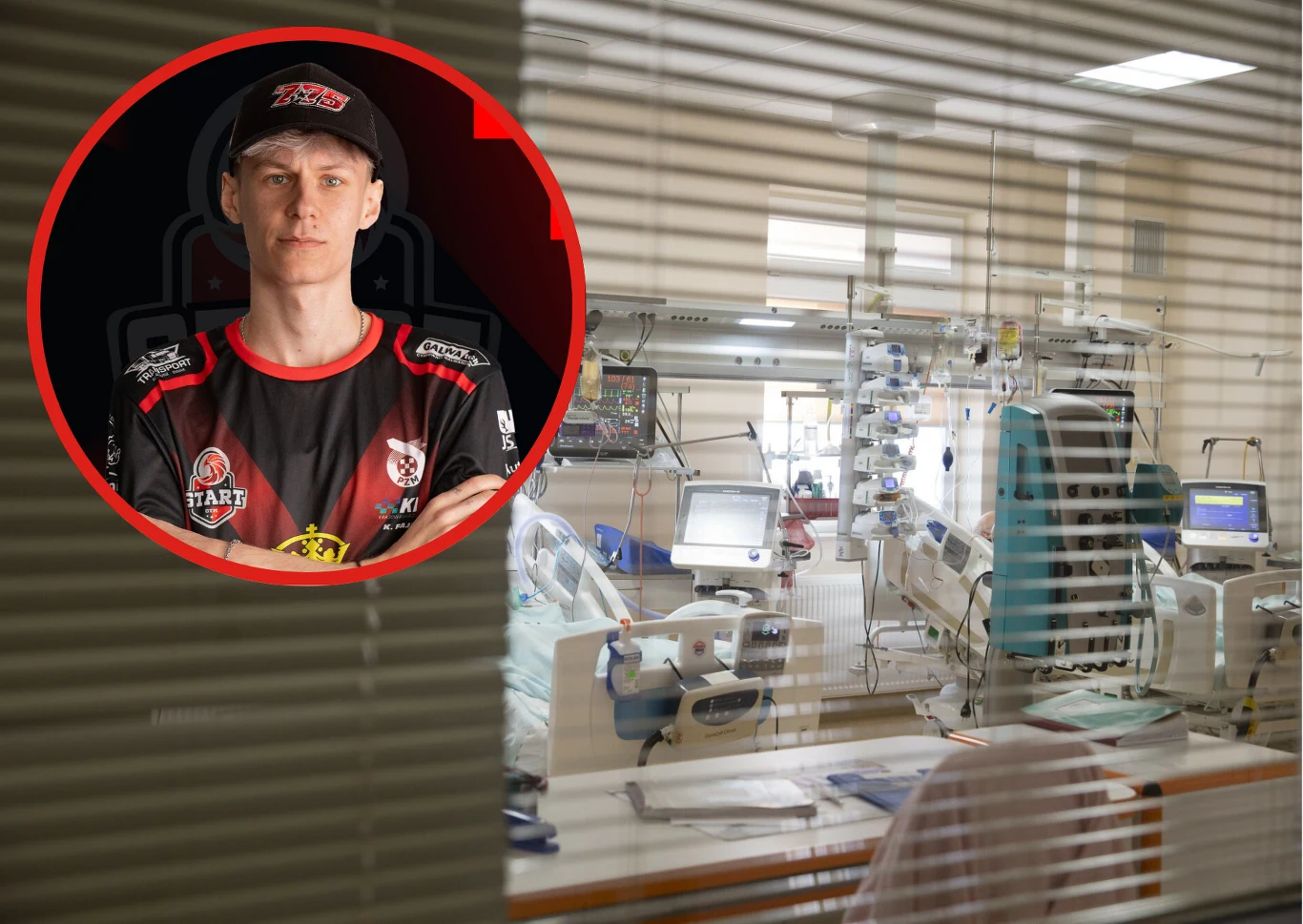 Patryk Budniak leży z licznymi obrażeniami na OIOMie szpitala miejskiego w Poznaniu. Jego stan jest ciężki. Wnętrze szpitalnej sali intensywnej terapii z nowoczesnym sprzętem medycznym, w lewym górnym rogu wyraźnie widoczne wycięcie z portretem młodego mężczyzny w sportowej koszulce z logotypami sponsorów.