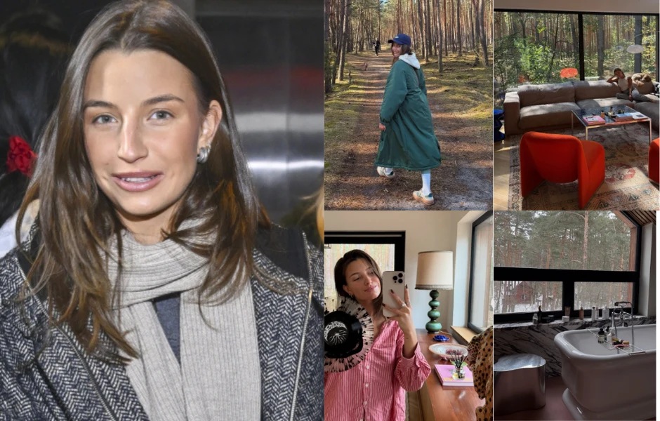 Kobieta w zimowym płaszczu i szaliku w zbliżeniu, widok osoby spacerującej przez las w długiej zielonej kurtce, nowoczesny salon z dużymi oknami i designerskimi fotelami, selfie młodej kobiety w różowej piżamie, nowoczesna łazienka z dużym oknem i biał...