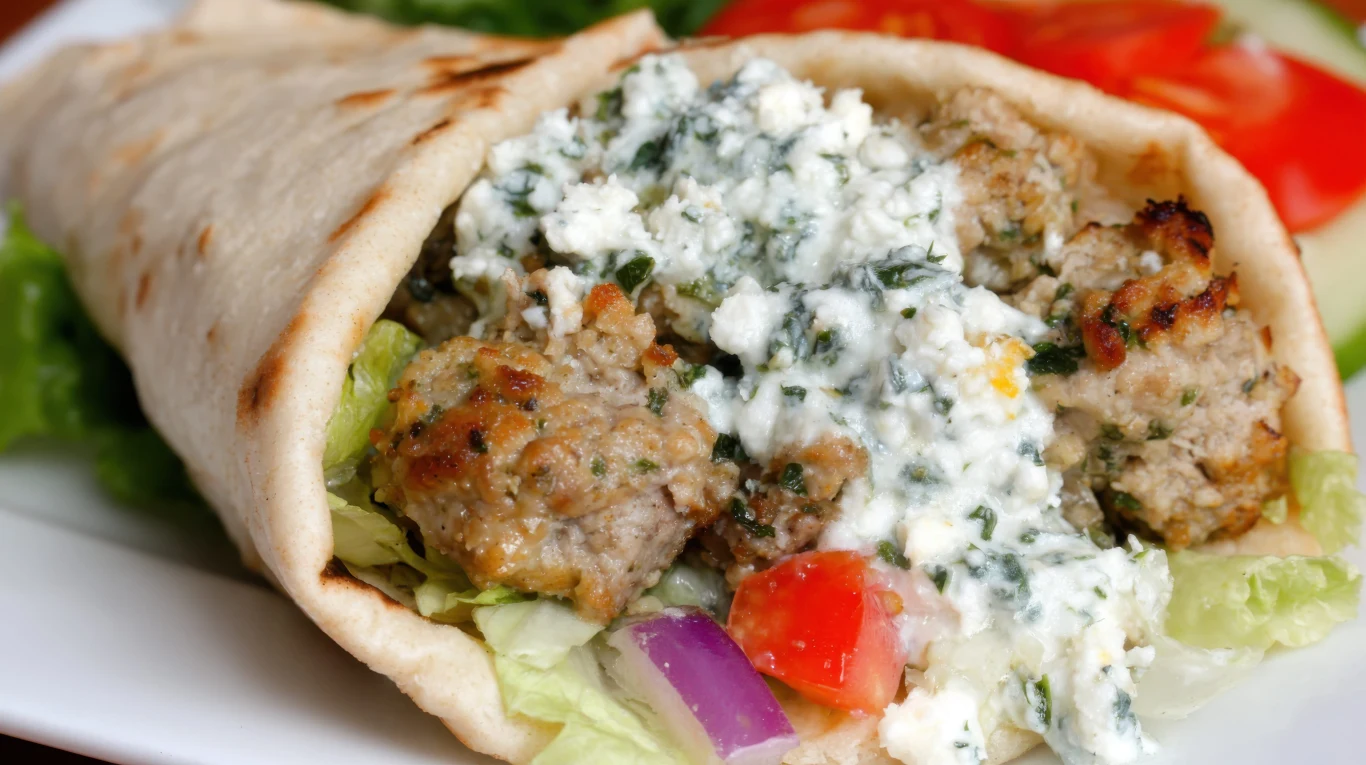 Grecka pita z soczystym mięsem i warzywami Grecka pita z klopsikami, sałatą, pomidorami, czerwoną cebulą i sosem tzatziki w środku.