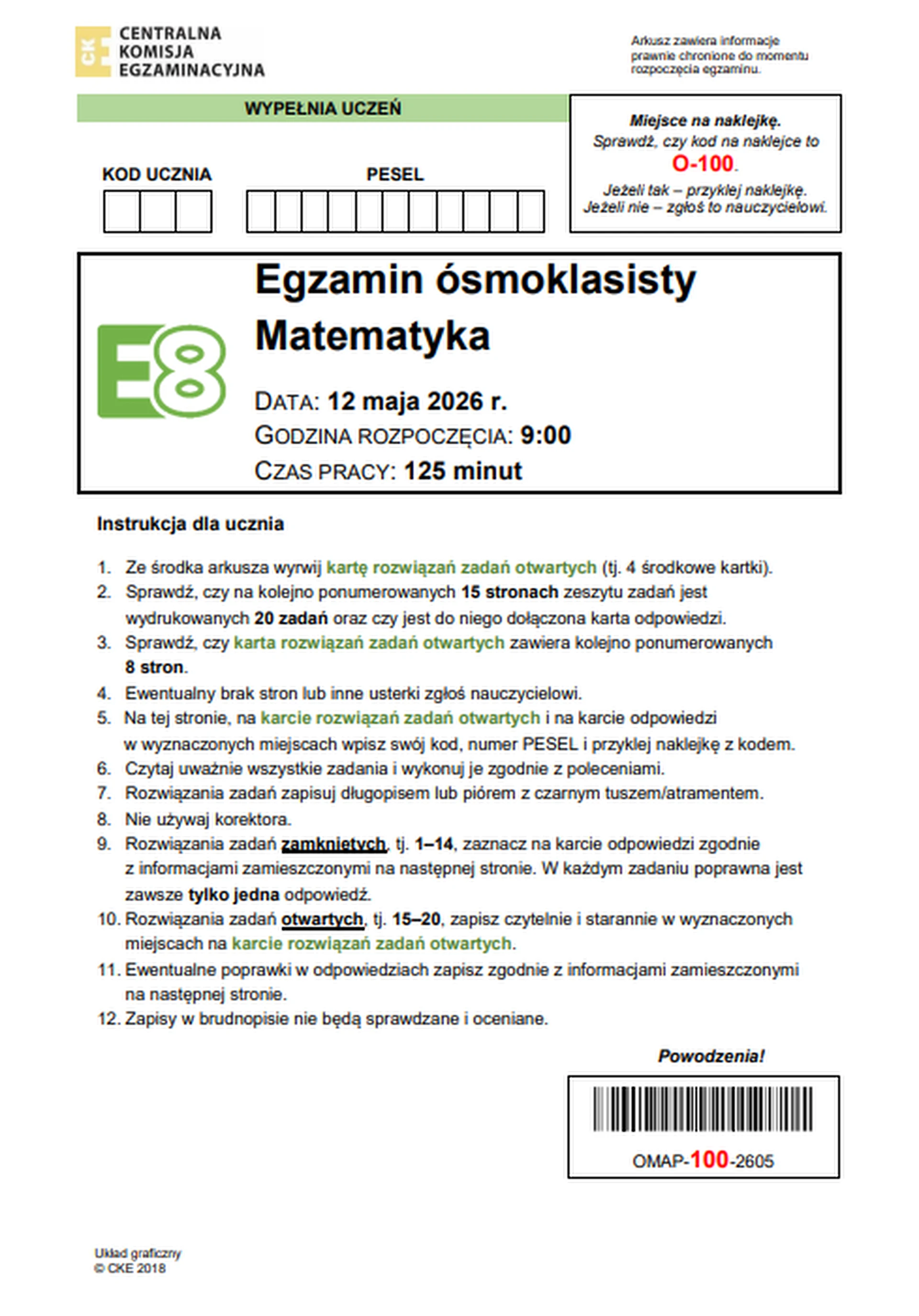 Egzamin ósmoklasisty 2026, matematyka. Arkusz CKE i odpowiedzi - strona 1