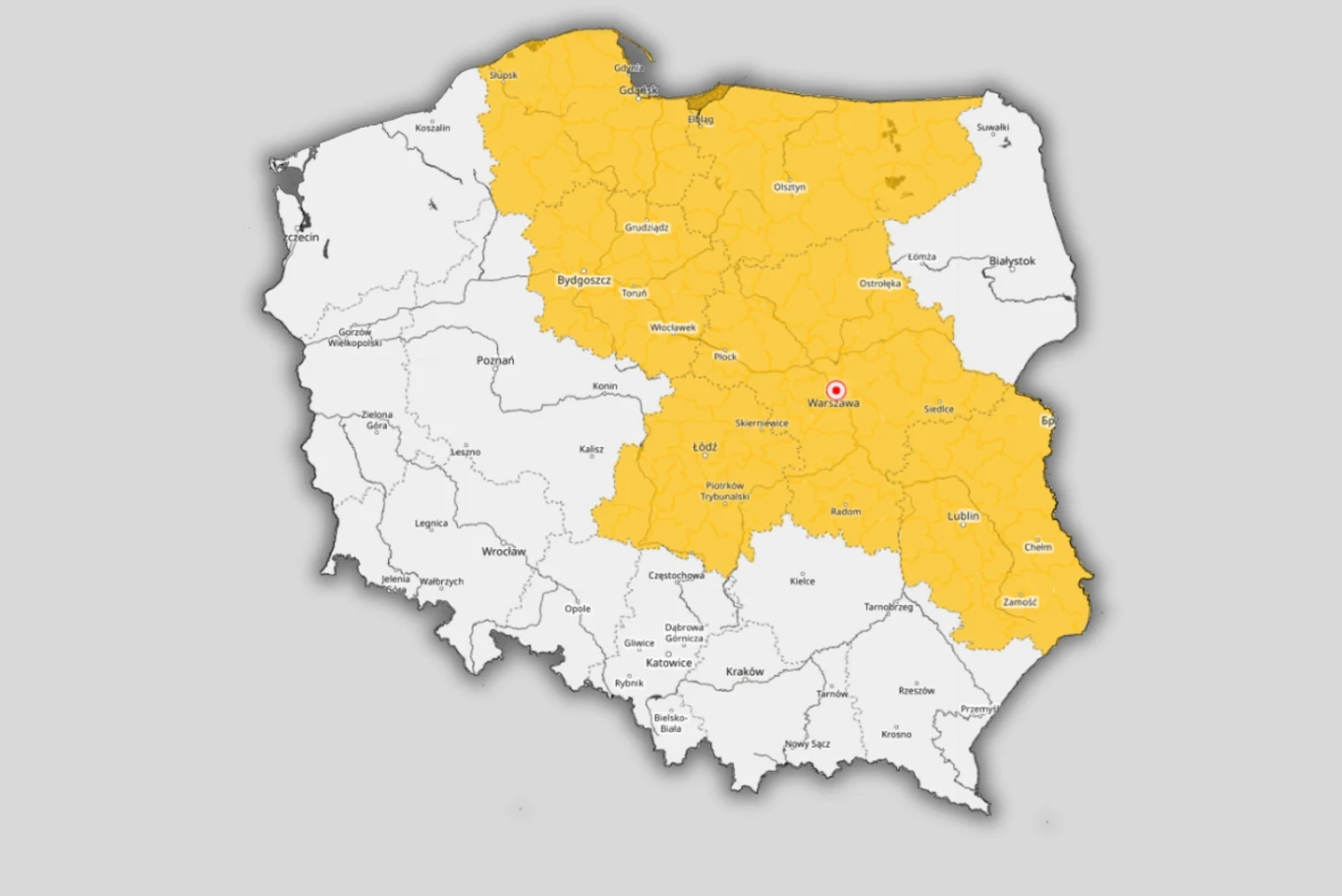 Wschodnia i północno-wschodnia część Polski zaznaczona żółtym kolorem obejmuje województwa podlaskie, warmińsko-mazurskie, mazowieckie, lubelskie oraz podkarpackie.
