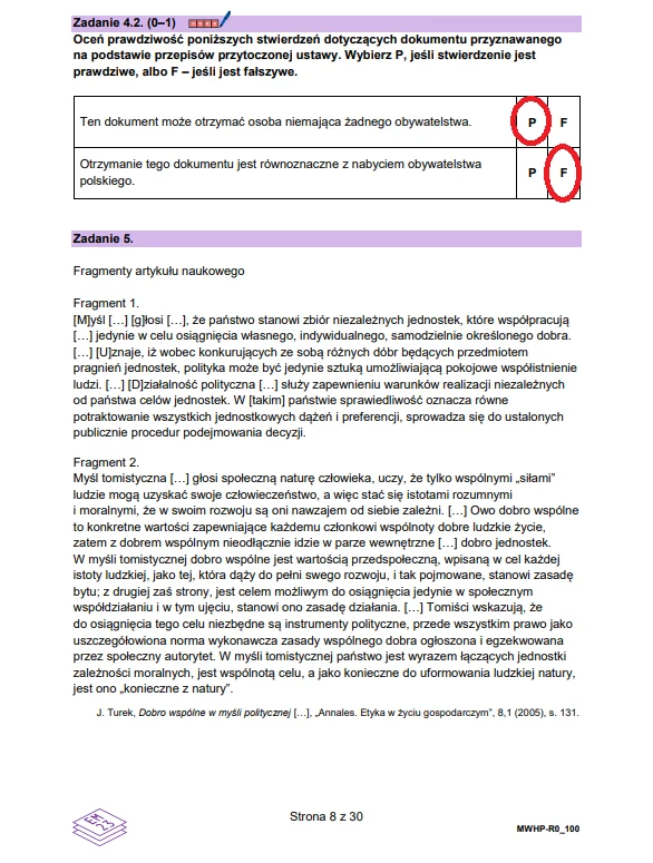 Wiedza o społeczeństwie - matura 2026 - arkusz CKE, strona 8. Wycinek arkusza egzaminacyjnego z zadaniami dotyczącymi oceny prawdziwości stwierdzeń na temat dokumentów urzędowych oraz fragmentami artykułu naukowego, z widocznymi odpowiedziami zaznaczonymi przy pomocy czerwonego długopisu.