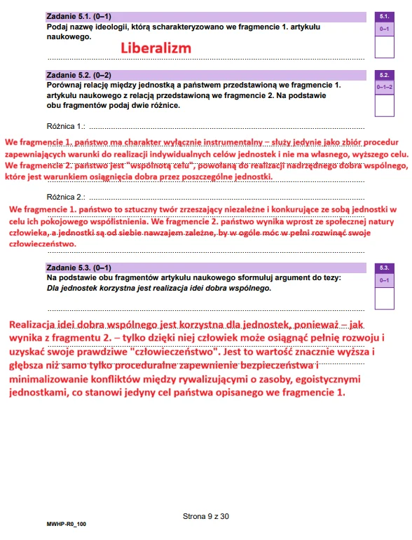 Wiedza o społeczeństwie - matura 2026 - arkusz CKE, strona 9. Fragment arkusza maturalnego z języka polskiego dotyczącego zagadnień filozoficznych, zawierający zadania związane z liberalizmem oraz porównaniem relacji jednostki z państwem, podkreślone cytaty z tekstów źródłowych i wydzielone miejsca na odpowiedzi ...