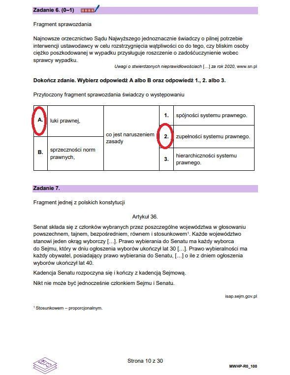 Wiedza o społeczeństwie - matura 2026 - arkusz CKE, strona 10. Arkusz egzaminacyjny z widocznym zadaniem dotyczącym fragmentu orzecznictwa Sądu Najwyższego, tabelą odpowiedzi z zakreślonymi odpowiedziami oraz fragmentem artykułu 36 Konstytucji Rzeczypospolitej Polskiej wraz z poleceniem dotyczącym kadencji Senatu.